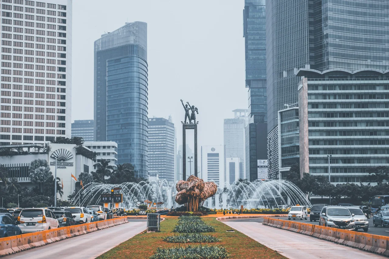 Jakarta skyscrapers around the welcome monument and fountain