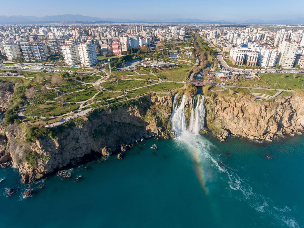 Düden Waterfalls flowing over Antalya’s coastal cliffs