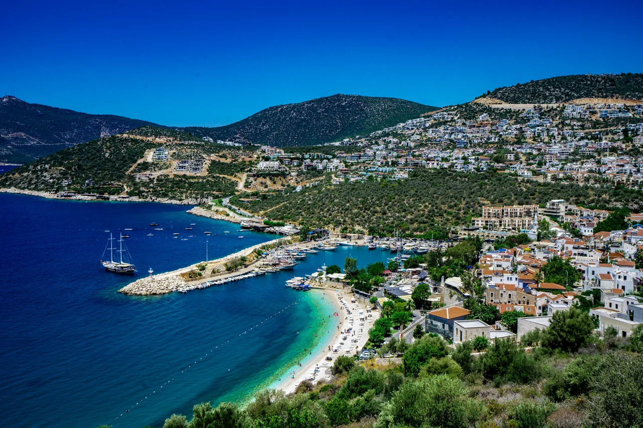Turquoise Mediterranean bay and the surrounding Turkish coastal town