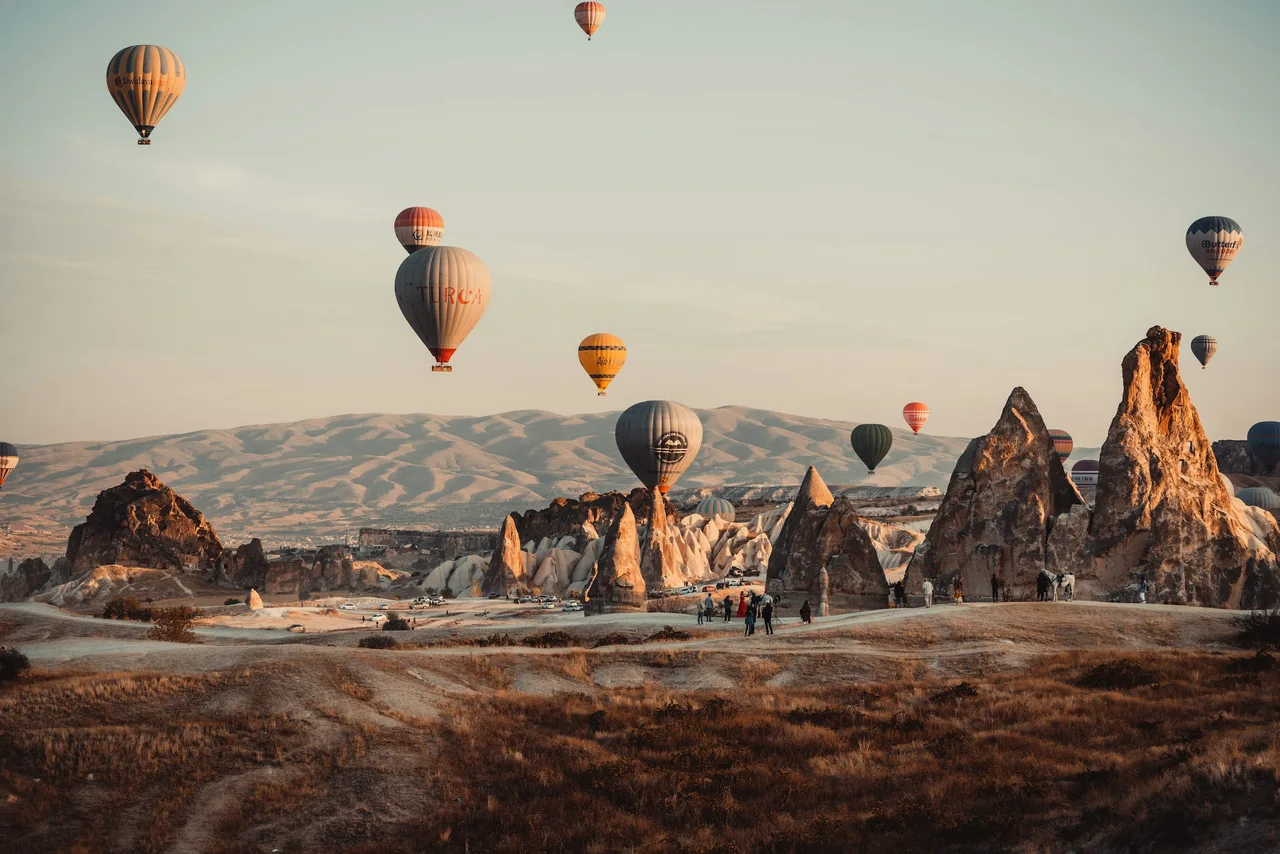Hot-air balloons above the rock formations of Cappadocia