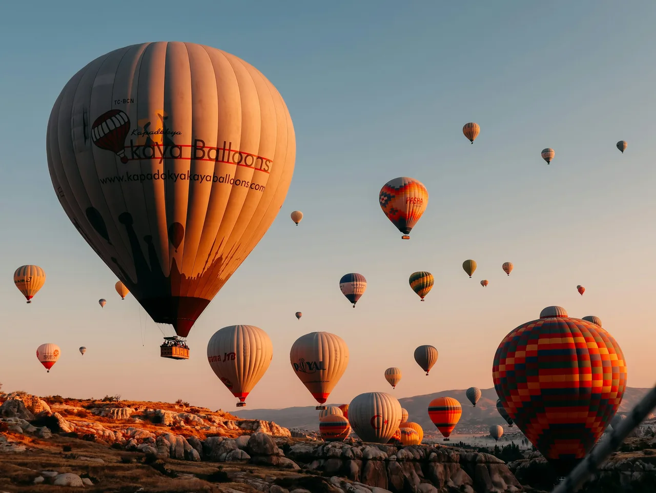Colourful hot-air balloons rising at sunrise in Cappadocia