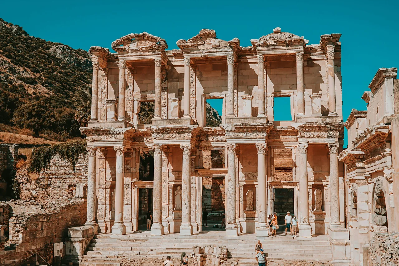 The ornate facade of the Library of Celsus at Ephesus