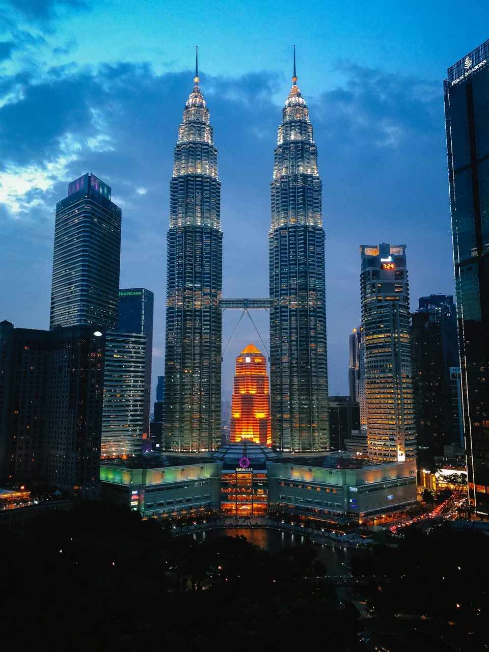 Petronas Twin Towers lit up in the evening