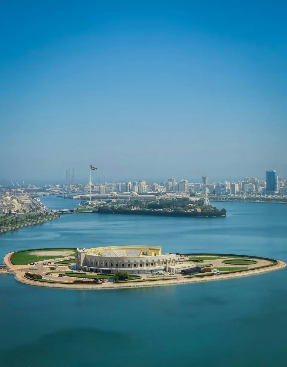 Sharjah lagoon and landscaped island seen from above